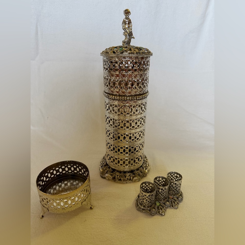 VTG MCM Sam Fink Filigree Cherub Hairspray Holder, Lipstick Holder & Trinket Box